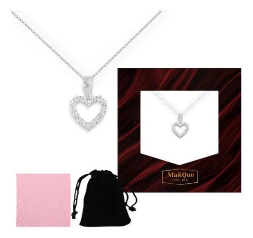 Collar Elegante Plata Con Dije Corazón Alrededor Circonitas Plateado