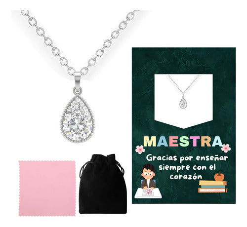 Regalo Para Maestra, Collar Dije Gota De Plata 925 Plateado
