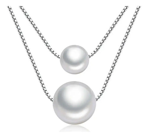Collar Elegante De Plata, Doble Capa Con Perlas De Amor. Plateado