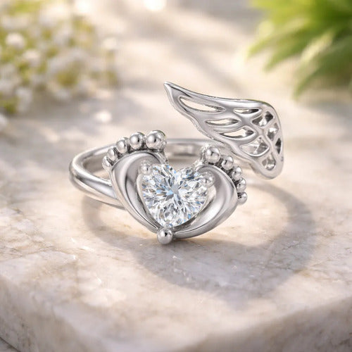 Anillo Ajustable De Piecitos Con Circonia Y Alas Plata 925 Plateado Ajustable
