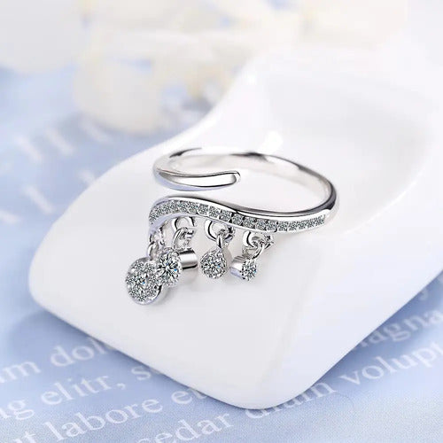 Anillo Ajustable De Plata 925 Con Borlas De Zircon. Plateado Ajustable