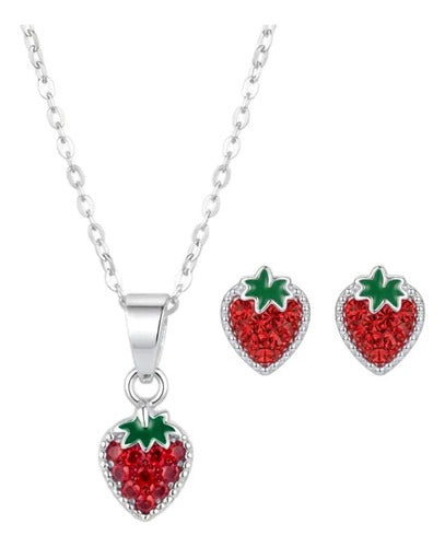 Juego De Collar Y Broquel De Fresa Con Circonitas Plata 925 Rojo