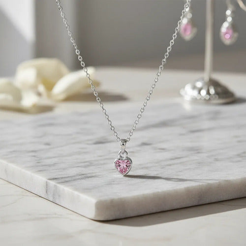 Juego De Collar Y Aretes De Corazon Rosa De Plata 925 Rosa