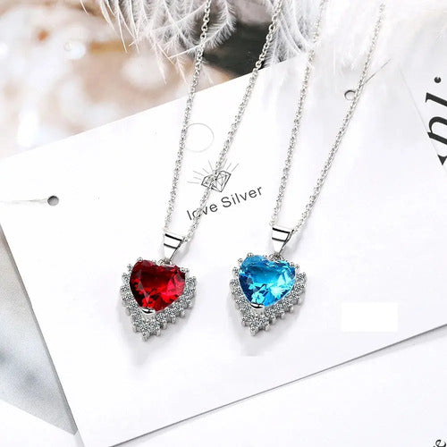 Collar De Plata Con Corazón Elegante, Circonita Azul O Roja  Azul