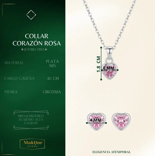 Juego De Collar Y Aretes De Corazon Rosa De Plata 925 Rosa