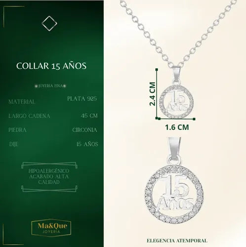 Regalo Para Quinceañera, Collar Dije 15 Años Plata 925 Dije 15 Años