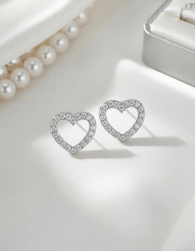 Aretes Broqueles De Plata 925 Circonitas En Forma De Corazón Plateado