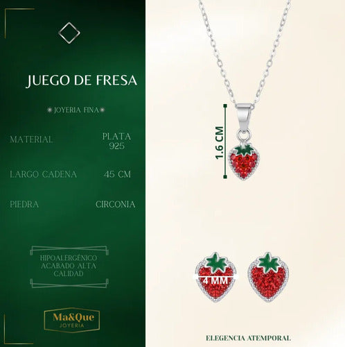 Juego De Collar Y Broquel De Fresa Con Circonitas Plata 925 Rojo