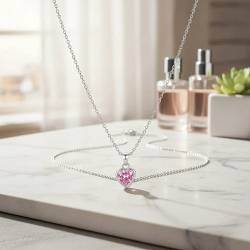 Juego De Collar Y Aretes De Corazon Rosa De Plata 925 Rosa