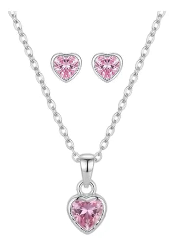 Juego De Collar Y Aretes De Corazon Rosa De Plata 925 Rosa