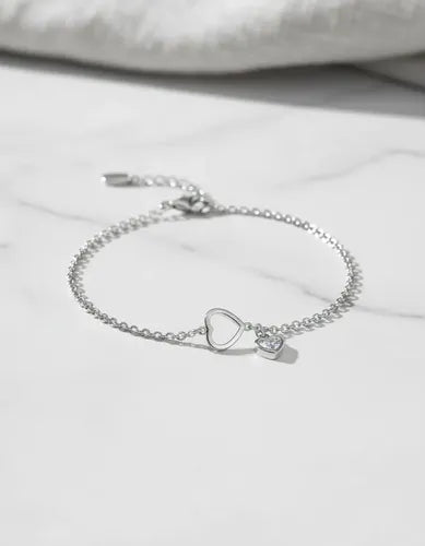 Pulsera De Corazón Con Circonia De Plata Ley 925 Plateado 5.6 Cm 18 Cm