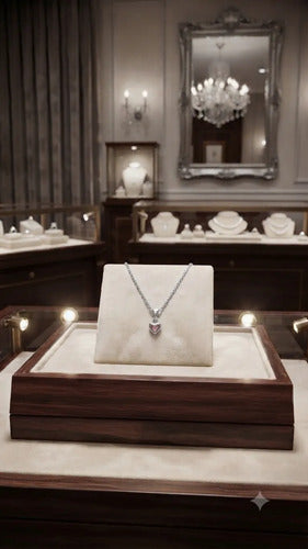 Juego De Collar Y Aretes De Corazon Rosa De Plata 925 Rosa