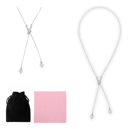 Collar Largo Ajustable Corbatero Con Perlas 66 Cm Plata 925 Plateado