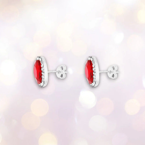 Aretes Elegante Plata 925 Cuadrado Color Rojo Con Circonitas Plateado