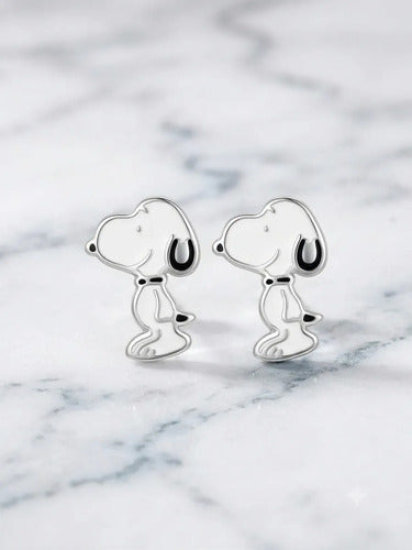 Juego De Collar Y Aretes De Snoopy De Plata 925 Plateado