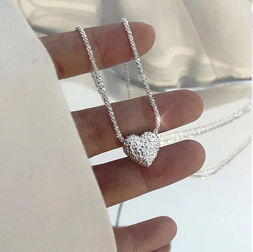 Collar Mujer De Plata Ley 925 Dije Corazón, Elegante Plateado