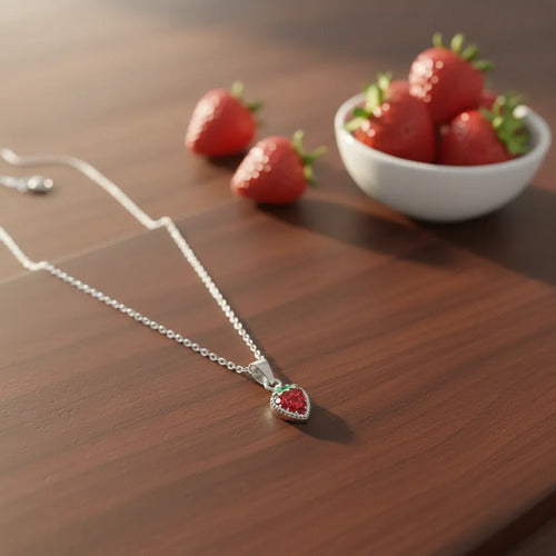 Juego De Collar Y Broquel De Fresa Con Circonitas Plata 925 Rojo