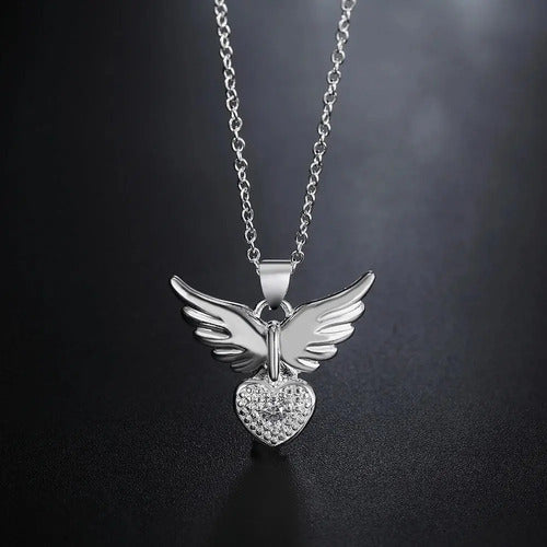 Collar Con Colgante De Alas De Corazón Para Mujer, De Plata  Plateado