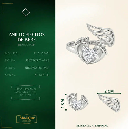 Anillo Ajustable De Piecitos Con Circonia Y Alas Plata 925 Plateado Ajustable