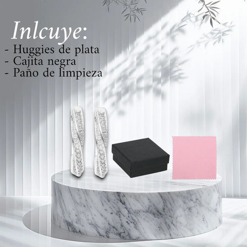 Aretes Huggies Elegante Plata 925 Entrelazados Con Circonias Plateado