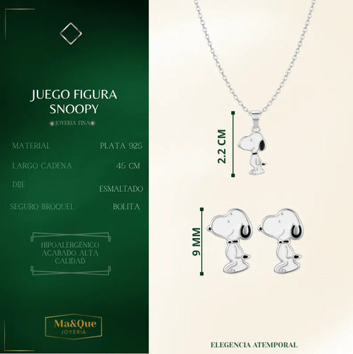Juego De Collar Y Aretes De Snoopy De Plata 925 Plateado