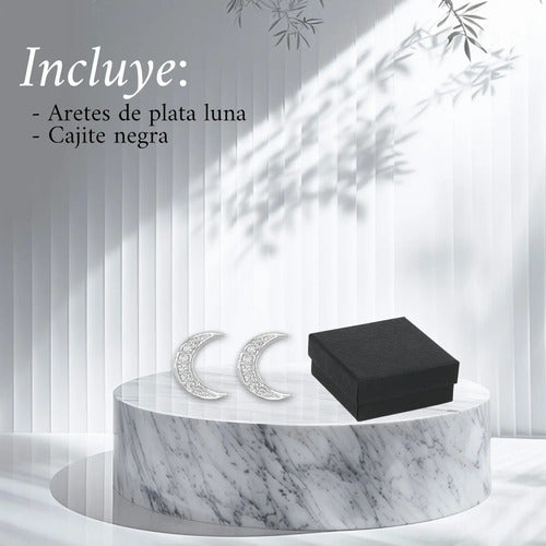 Aretes Luna Con Circonitas De Plata Para Mujer Plateado