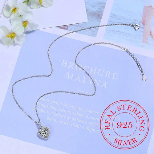Collar De Plata  Para Mujer, Colgante Corazón De Circonita. Plateado
