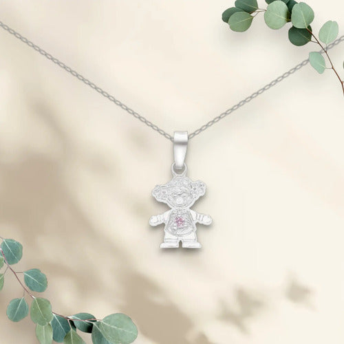 Collar De Plata Dije Niña - Hija Con Circonita Rosa Plateado