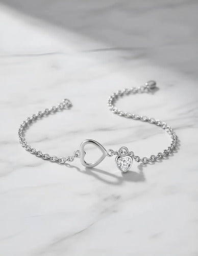 Pulsera De Corazón Con Circonia De Plata Ley 925 Plateado 5.6 Cm 18 Cm