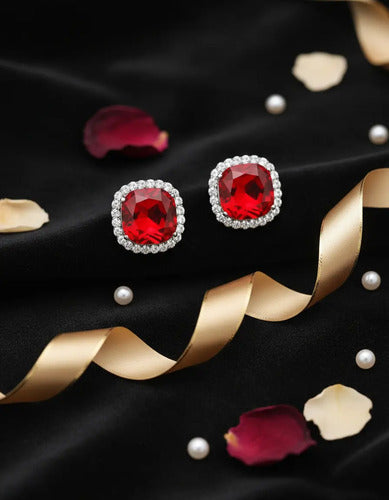 Aretes Elegante Plata 925 Cuadrado Color Rojo Con Circonitas Plateado