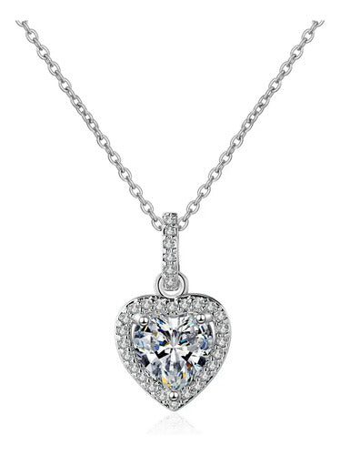 Collar De Plata  Para Mujer, Colgante Corazón De Circonita. Plateado