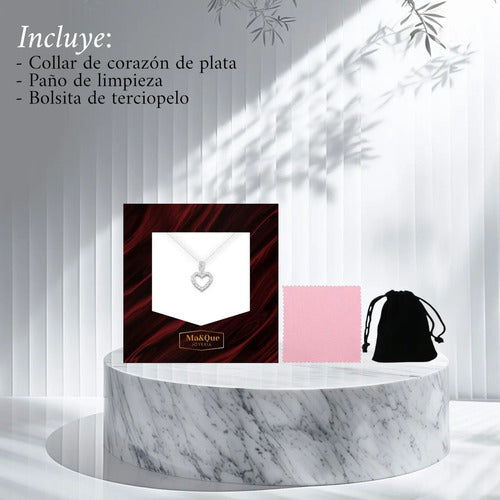 Collar Elegante Plata Con Dije Corazón Alrededor Circonitas Plateado