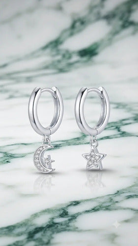 Huggie De Estrella Y Luna Con Circonitas De Plata 925 Plateado