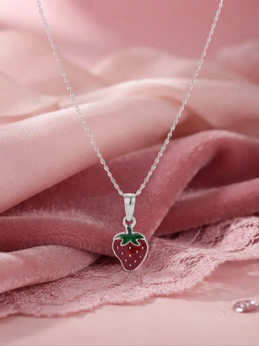 Collar Dije De Fresa De Plata 925 Rojo