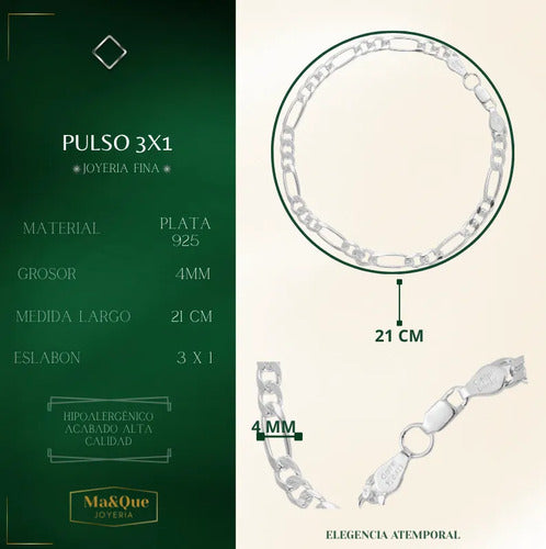 Pulso Para Hombre 3x1 Eslabón De Plata 925 Para Caballero Plateado 6.37 Cm 20 Cm