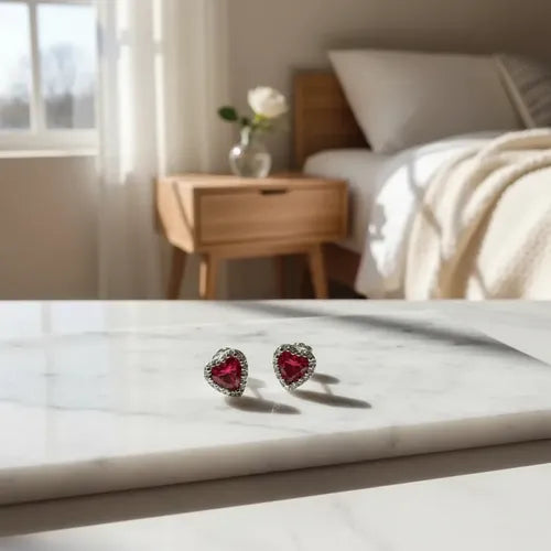 Broquel Arete Circonita Corazón Rojo De Plata 925 Rojo