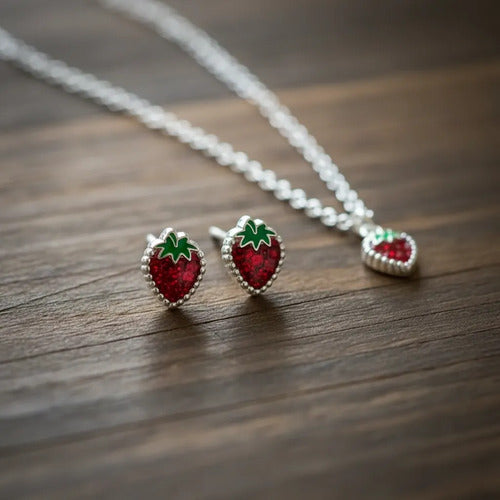 Juego De Collar Y Broquel De Fresa Con Circonitas Plata 925 Rojo