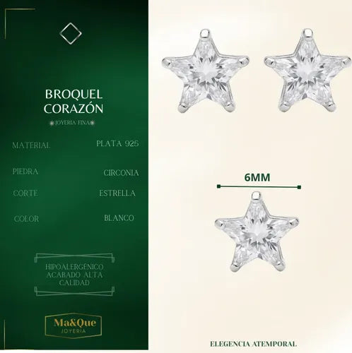 Broquel Arete Circonia Estrella Plata 925 Blanco