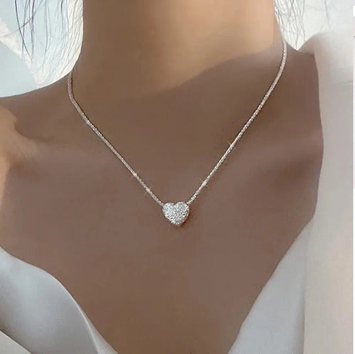 Collar Mujer De Plata Ley 925 Dije Corazón, Elegante Plateado
