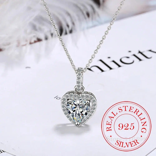 Collar De Plata  Para Mujer, Colgante Corazón De Circonita. Plateado