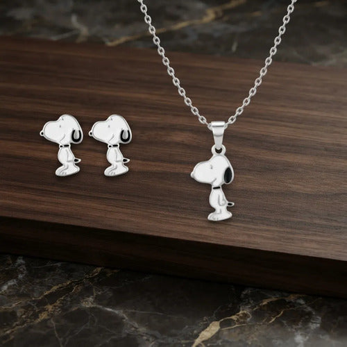 Juego De Collar Y Aretes De Snoopy De Plata 925 Plateado