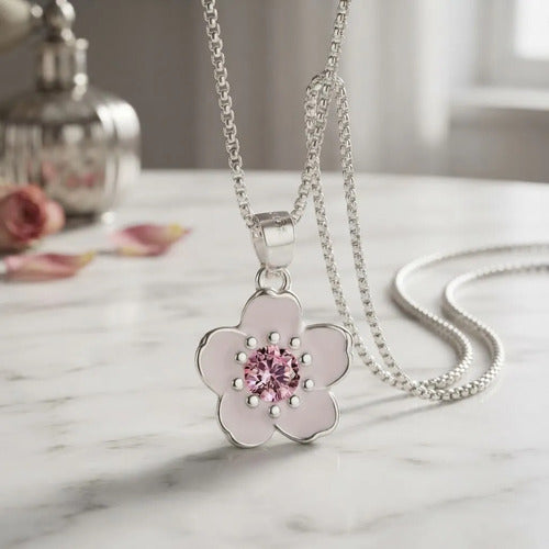 Collares Mujer De Plata 925 Dije Flor Purpura Estilo Coreano Plateado