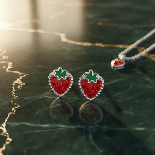 Juego De Collar Y Broquel De Fresa Con Circonitas Plata 925 Rojo