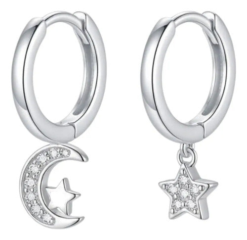 Huggie De Estrella Y Luna Con Circonitas De Plata 925 Plateado