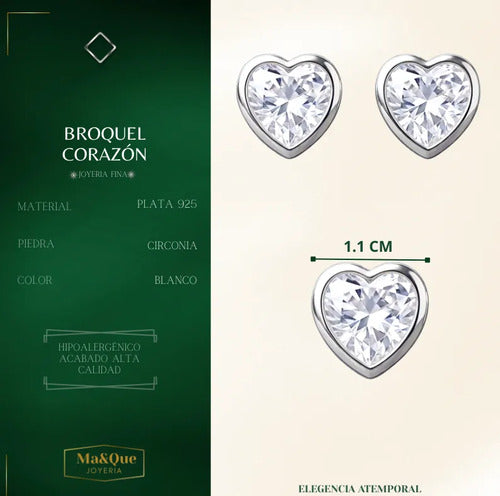 Broquel Arete De Circonita De Corazon De Plata 925 Blanco
