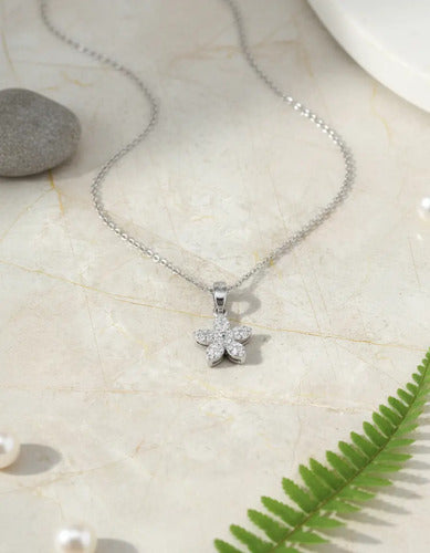 Collar Elegante De Plata Dije Flor Con Circonitas Para Mujer Plateado