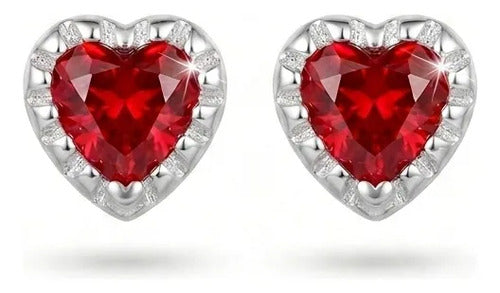 Broquel Arete Circonita Corazón Rojo De Plata 925 Rojo