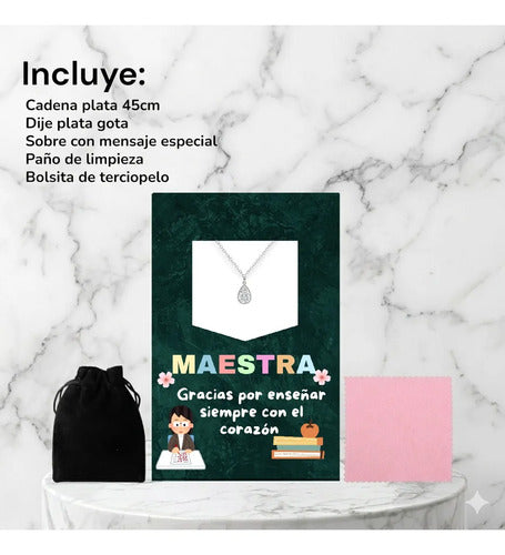 Regalo Para Maestra, Collar Dije Gota De Plata 925 Plateado