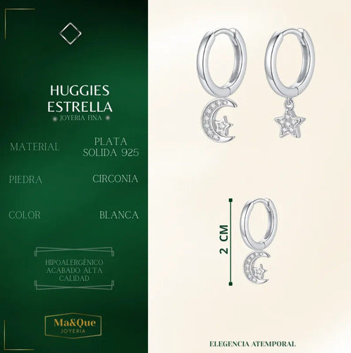 Huggie De Estrella Y Luna Con Circonitas De Plata 925 Plateado