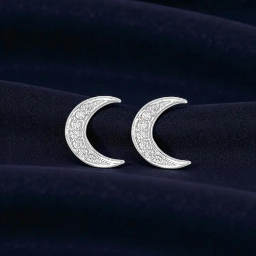 Aretes Luna Con Circonitas De Plata Para Mujer Plateado
